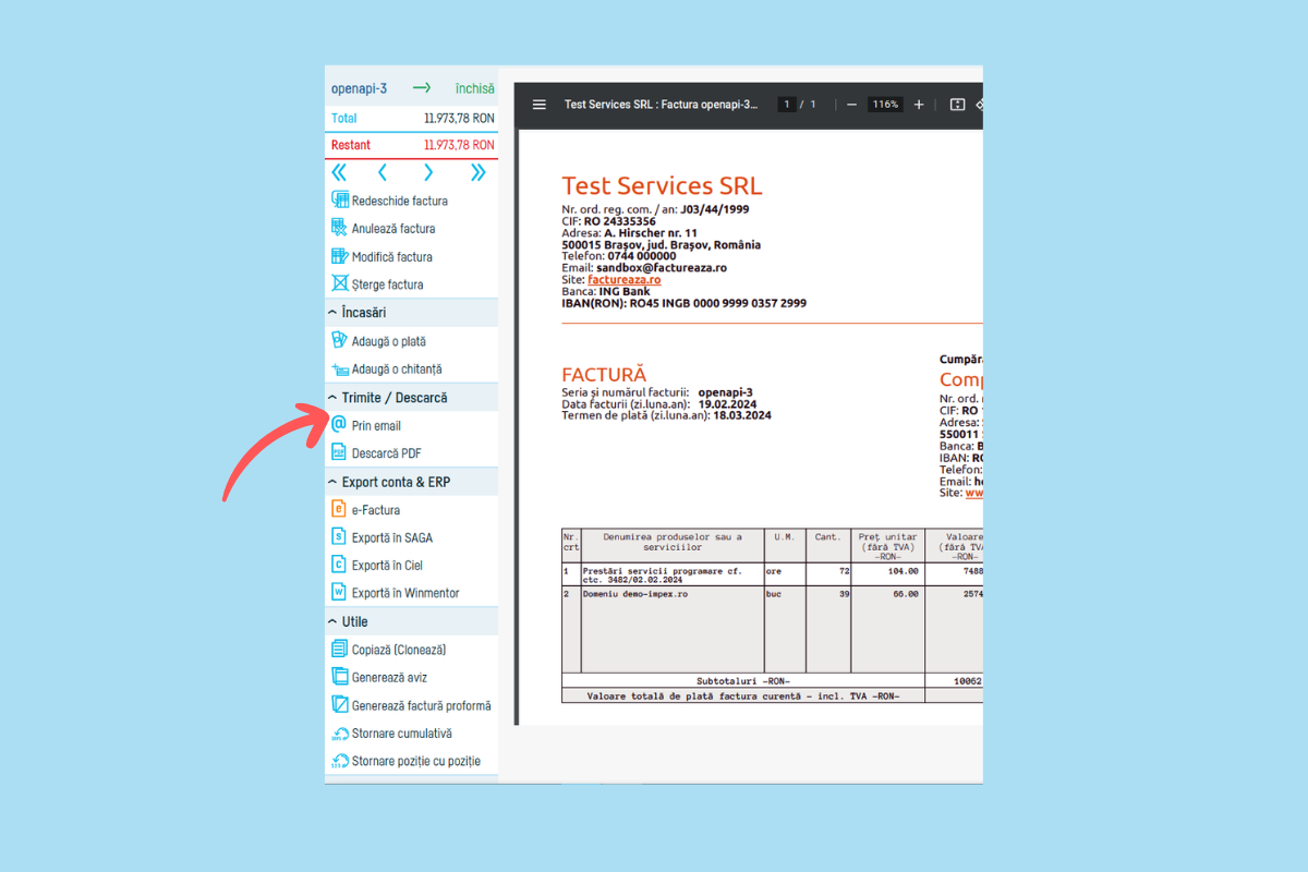Cum trimit o factură pe e-mail direct din aplicație - pasul 5