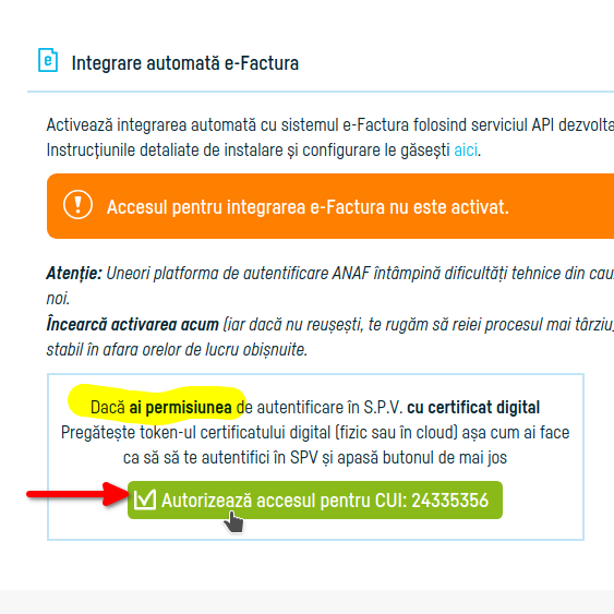 Cum activezi integrarea automată cu e-factura - pasul 2