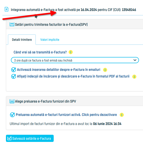 Cum activezi integrarea automată cu e-factura - pasul 7