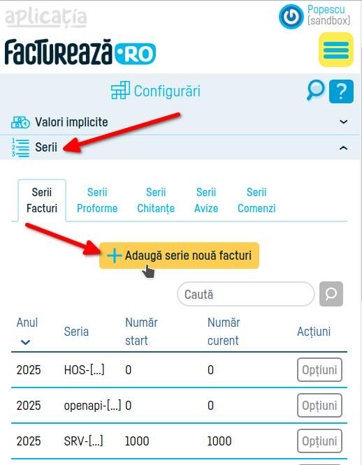 Cum setezi o serie de facturi să transmită e-Factura - pasul 2