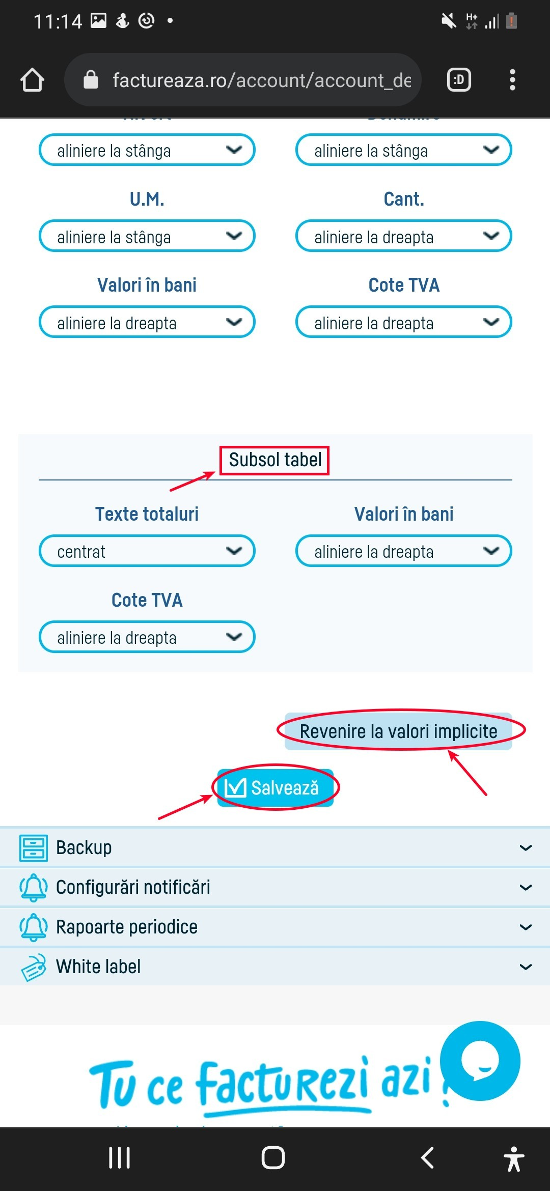 Configurare alinieri din tabelul pozițiilor pe factură - pasul 4