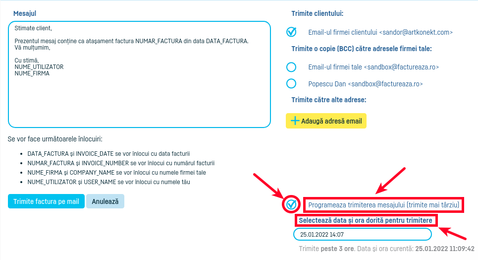 Programează trimiterea facturii - pasul 2