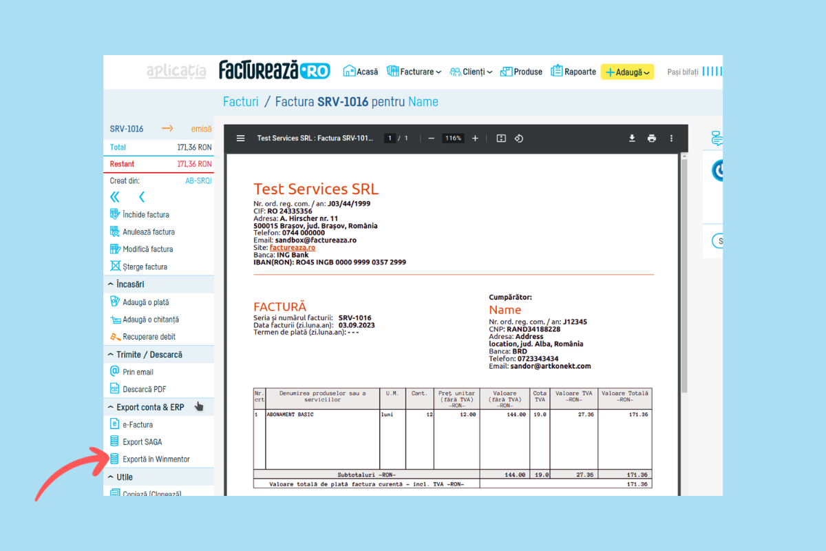 Cum export o factură în Winmentor? - pasul 3