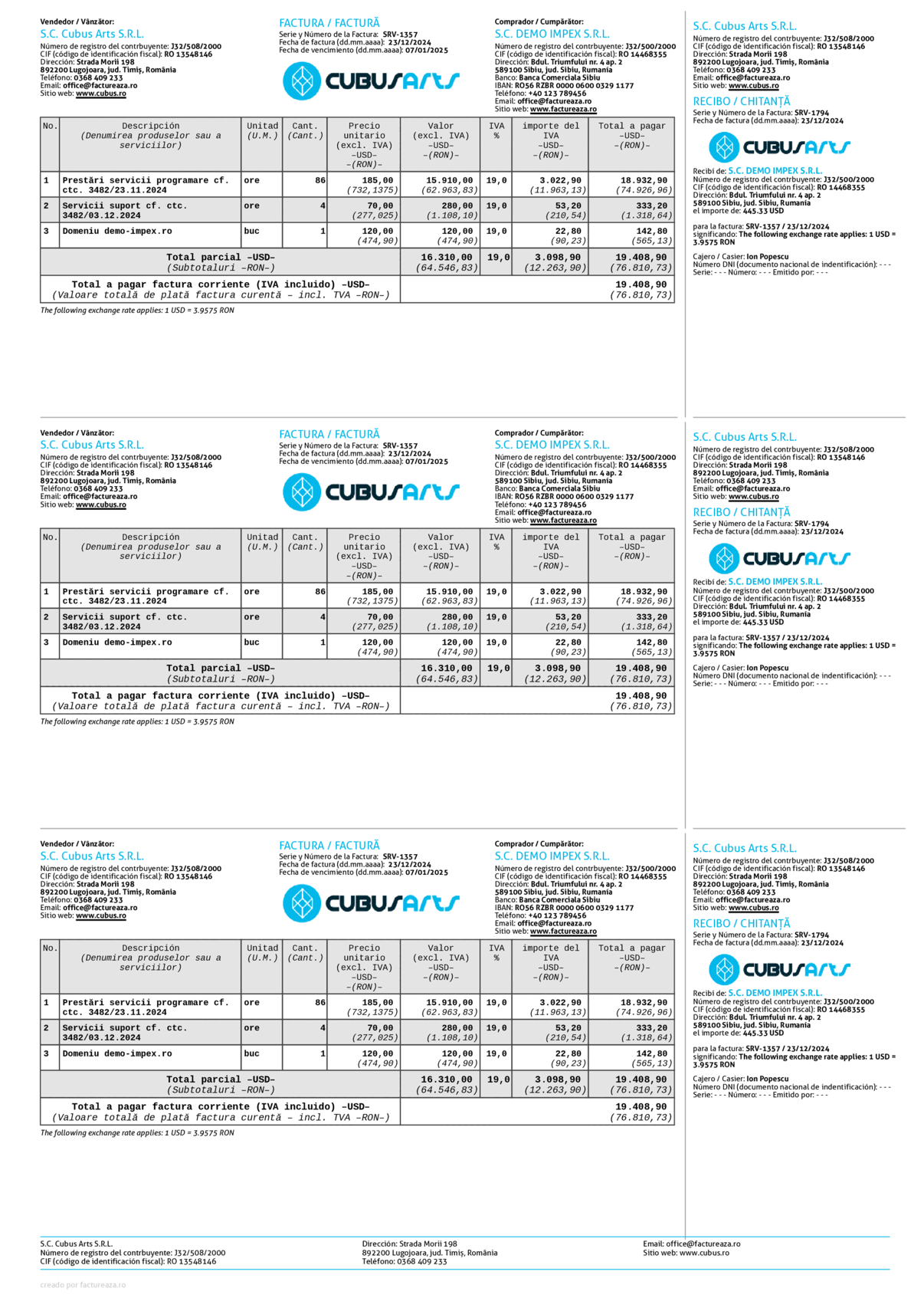 Factură și chitanță 3x per A4 (USD + RON), spaniolă