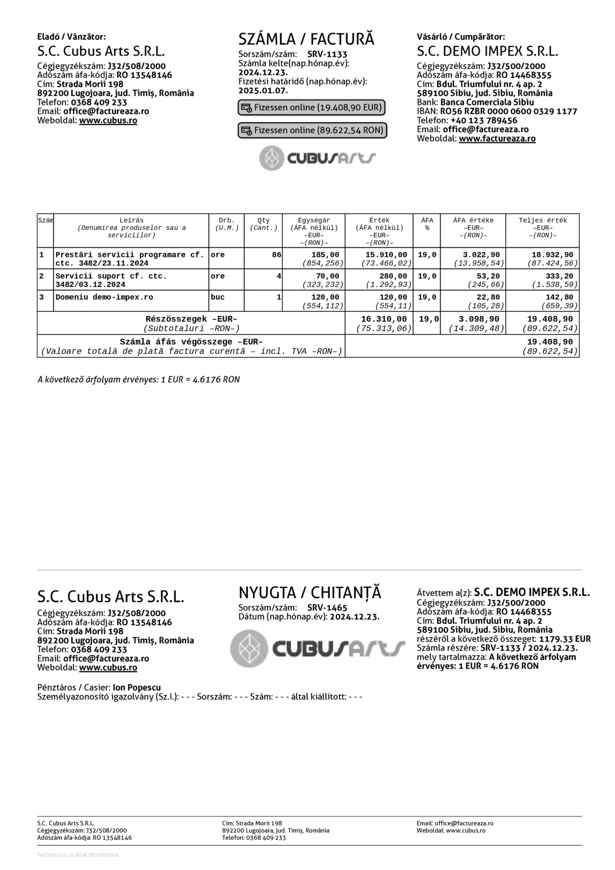 Factură și chitanță, Euro + RON, maghiară